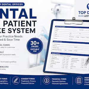 Dental New Patient Intake System for Dental Offices | Patient Intake Forms, Medical History, Consent Forms, Front Desk PDF Bundle