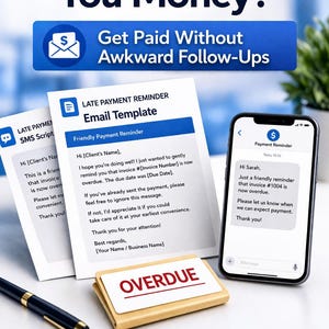 May include: Image featuring a smartphone, email templates, and a stamp that says "OVERDUE." The text reads "Clients Owe You Money? Get Paid Without Awkward Follow-Ups." The image promotes email and SMS templates for payment reminders.