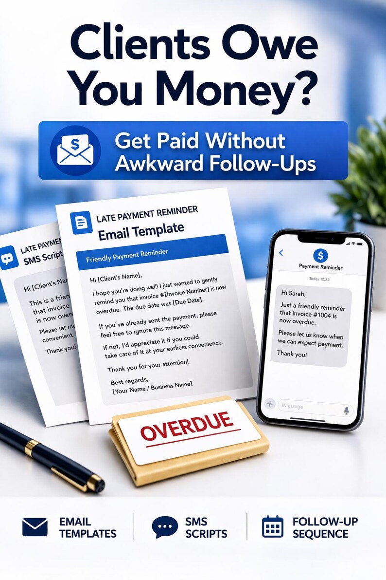 May include: Image featuring a smartphone, email templates, and a stamp that says "OVERDUE." The text reads "Clients Owe You Money? Get Paid Without Awkward Follow-Ups." The image promotes email and SMS templates for payment reminders.