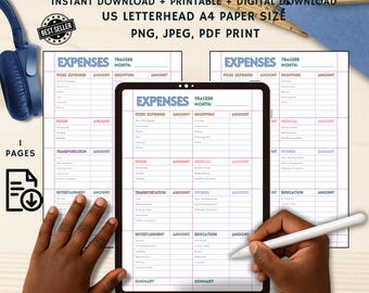 Printable Monthly Expense Tracker, Budget Planner (PDF)