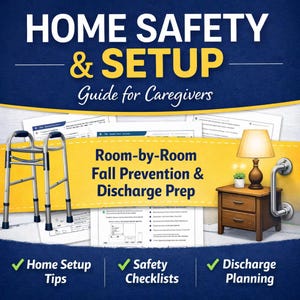 May include: A promotional image for a guide on home safety and setup for caregivers. The image features a walker, a nightstand with a lamp, and documents. Text includes "Home Safety & Setup," "Guide for Caregivers," and "Room-by-Room Fall Prevention & Discharge Prep."