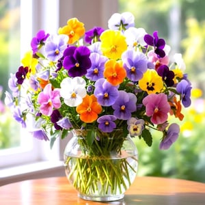 Puede incluir: Un vibrante ramo de pensamientos en un jarrón de cristal transparente. Las flores muestran un espectro de colores, incluyendo amarillo, morado, naranja, blanco y rosa. El jarrón está sobre una mesa de madera cerca de una ventana.