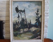 1940 signed Landscape Oil Painting - M.E. Kells - American Artist Impressionism Impressionist Landscape Evergreen forest Mountain Pines.