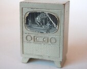 1940s-50s Miniature Black and White Dollhouse Console Televison Playing The Circus Atomic Era Mid Century Vintage Electronics