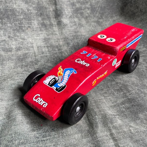 Vintage Pinewood Derby Racing Car Handmade Red Cobra Snake- Hooker Headers Hot Rod decals Boy Scouts of America BSA Cub Scouts 7171 95