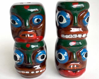 c1960’s Northwest Native TOTEM Pole Salt & Pepper Shakers, Vintage Tiki Hand-painted - Victoria Ceramics Redware Japan