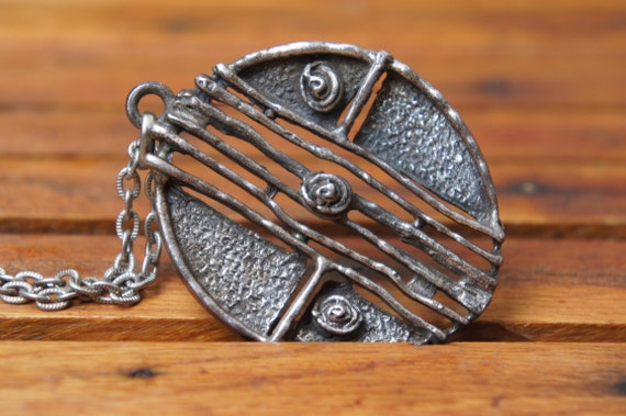 Modernist Pewter Pendant and Chain Mid CenturyJew… - image 1