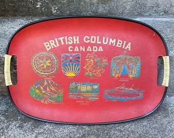 1960's British Columbia Canada Cocktail or Appetizer Serving Tray/Platter. Red with bright colors- Travel, Souvenir, Vancouver, Victoria,