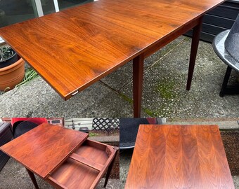 Phenomenal Mid Century Walnut Flip Top Expandable Dining / Game Table with internal storage, Danish modern, 1960’s, convertible, folding