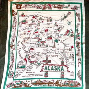 HUGE 1960’s Alaskan Map Wall Hanging 54 x 43 inches, legends, landmarks, wildlife, Natural Resources Totem Poles Yukon Inuit vintage Alaska