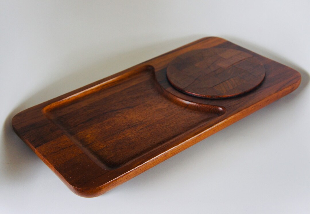 Vintage MCM Organic Shape Solid Wood Cutting Board w/ Leather Tie