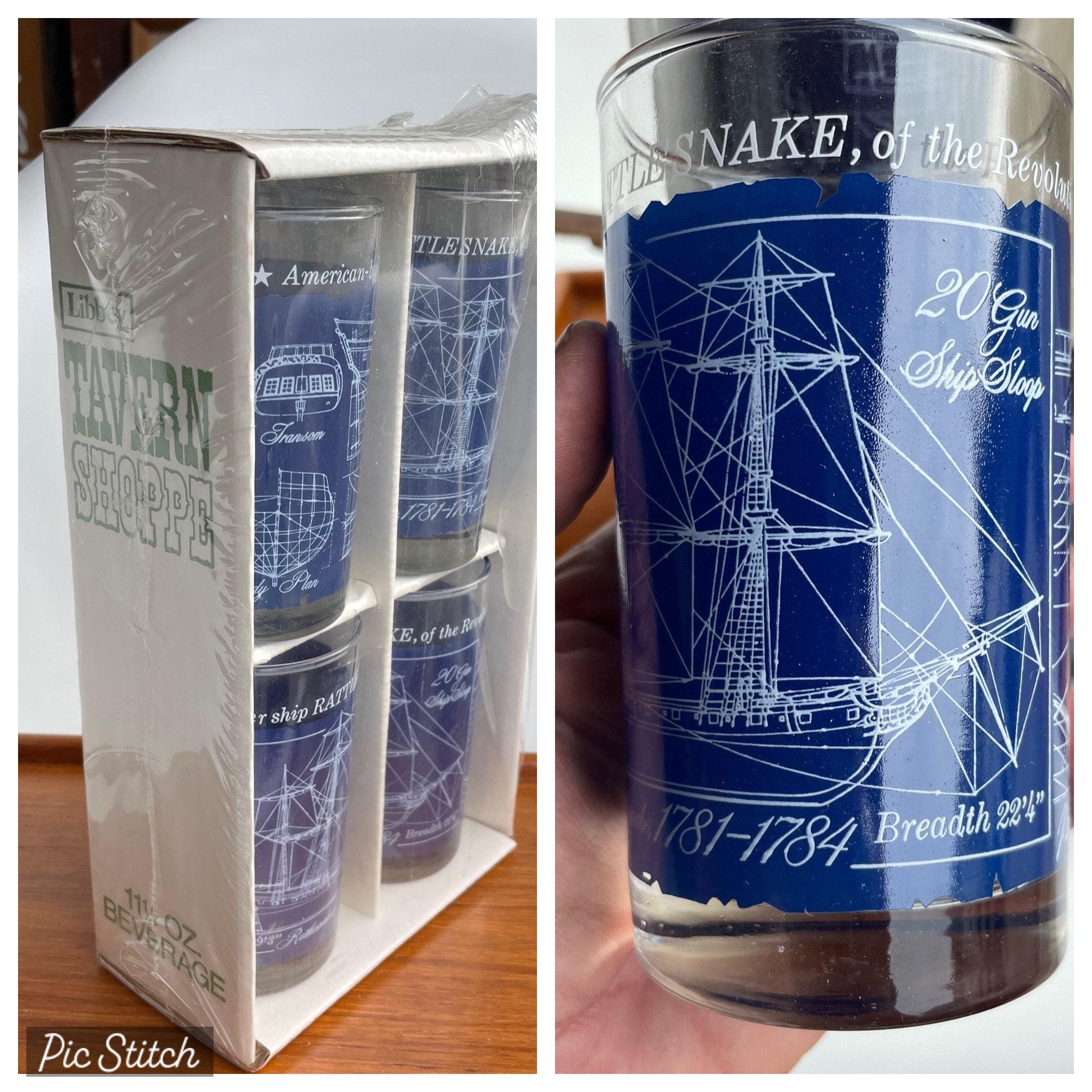NOS Libbey Tavern Shoppe Glasses. Przedstawiające plan żaglowca Rattlesnake Tall. Zabytkowa łódź marynarska Nautical Maritime Beach Coastal Navy