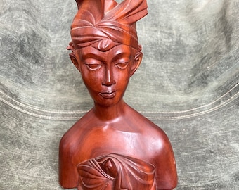 Beautiful Mid-Century Balinese Klungkung Warrior Bust Hand-carved of beautiful red Sawo wood, intricately carved, indigenous, Indonesian,