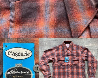 Deadstock Vintage Shadow Plaid wool Board Shirt- Cascade - Mens US Size Medium -  Black, Brown and Turquoise Surf Skateboard workwear, NOS