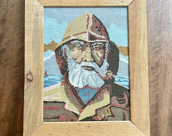 Tapiz antiguo de pescador "Old Salt", marco de cedro rústico, decoración náutica.