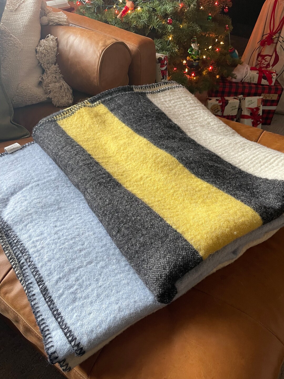 CB2 X GQ Wendover Nuetral Stripe Blanket 100 Wool, Blue, Yellow, Black