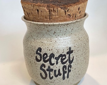 Large Art Pottery SECRET STUFF container or pot with large natural Cork Stopper, stoneware, earthenware, speckled glaze, 6 inch