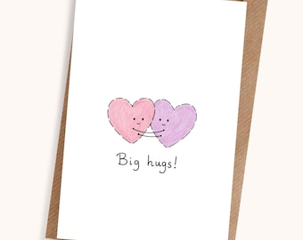 Hand Drawn Hearts Card | Big Hugs, Love, Friendship Greeting (A7 Size)