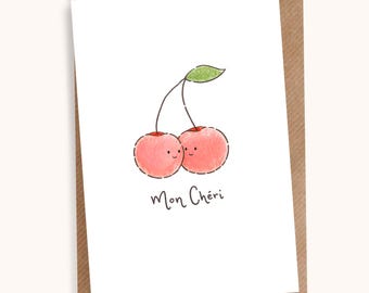 Biglietto di auguri Mon Cheri Cherry / Disegno a mano, romantico, per anniversario o San Valentino (formato A7)