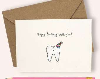 Tarjeta de cumpleaños con diseño de diente dibujado a mano / Juego de palabras divertido, felicitación minimalista (tamaño A7)