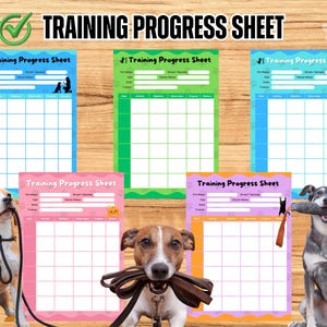 Può includere: Una collezione di fogli di avanzamento dell'addestramento per cani con il testo "TRAINING PROGRESS SHEET". Ogni foglio ha una griglia per il monitoraggio delle attività e una sezione per i dettagli dell'animale. I fogli sono blu, verdi, rosa e arancioni.