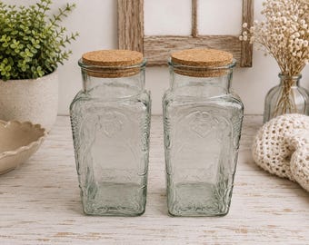 Vintage Embossed Glass Apothecary Canisters with Cork Lids – Farmhouse Kitchen Storage Jars