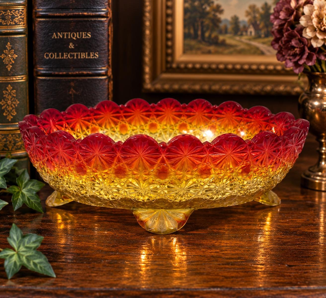 Red Yellow Carnival Glass Bowl - Etsy