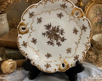Vintage Porslins Retikulerad Serveringsskål / Dekorativ Tallrik – Guldfärgad Blommig Cottagecore Skål
