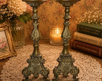 Ornate Brass Candlesticks Pair | Victorian Gothic Candle Holders | Vintage Mantel Decor | Cottagecore Home Accent