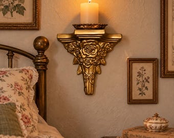 Vintage Gold Rose Wall Shelf Sconce Ornate Floral Corbel Romantic Cottagecore Hollywood Regency Decor