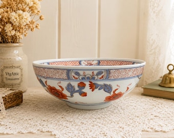 Vintage Japanse Imari porseleinen serveerschaal | Roodblauw bloemstuk met bloemen
