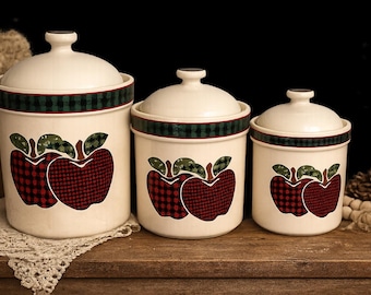 Juego de 3 botes de cerámica con tapa, estampado a cuadros vintage, ideales para la cocina rústica.