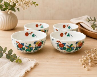 Vintage Floral Bird Porcelain Bowls | Asian Inspired Scalloped Dessert Dishes