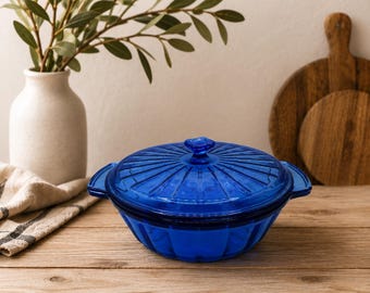 Anchor Hocking Cobalt Blue Casserole Dish | Mid Century Sunburst Glass Serving Bowl