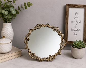 Vintage utsmyckad guldfärgad sminkspegel | Barock scrollwork bordsdekor