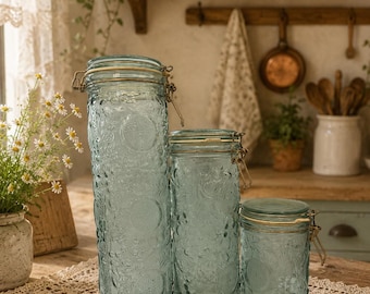 Vintage Embossed Glass Canister Set | Fruit Pattern Clamp Lid Kitchen Storage Jars
