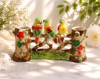 Maceta vintage con forma de periquito / Maceta de cerámica japonesa con forma de pájaro / Maceta doble para un solo pájaro / Decoración rústica de mediados de siglo / Maceta colorida con forma de pájaro