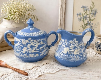 Vintage Blue White Creamer Sugar Set | Raised Relief Pastoral Scene Ceramic Serveware