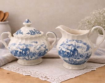 Juego de azucarero y lechera vintage azul y blanco / Decoración de cocina de cerámica con estampado de molino de viento y decoración de cocina de cerámica.