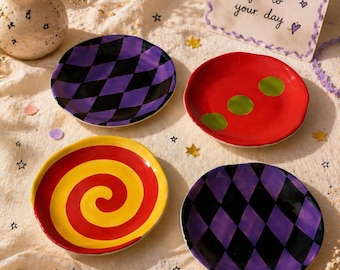 Vintage Department 56 Hand Painted Dessert Plates Set of 4 Colorful Whimsical Ceramic Plates Purple Red Yellow