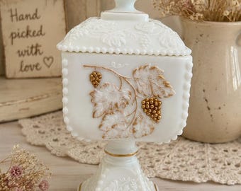 Vintage Westmoreland Beaded Grape Milk Glass Candy Dish | White Pedestal Wedding Box