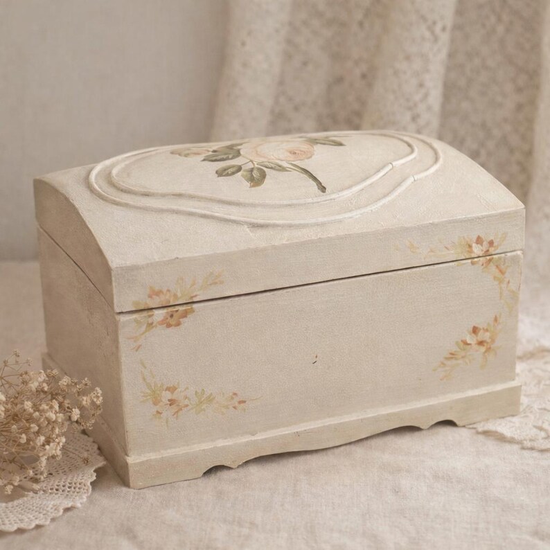 Hand Painted Floral Wood Keepsake Box | Vintage Cottagecore Shabby Chic ...
