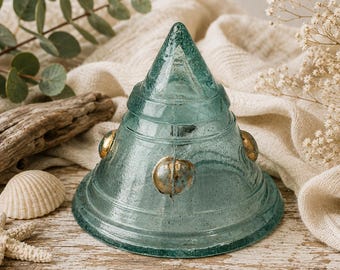 Vintage Aqua Glass Cone Candle Holder – Brass Studs, Bubbled Texture, Coastal Decor