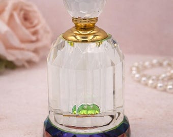 Vintage Crystal Perfume Bottle with Stopper | Iridescent Rainbow Base | Gold Tone Collar | Vanity Decor | Collectible Glass Bottle