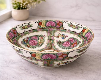 Bol de servir de porcelana Canton Rose vintage, plato grande chino con motivos florales