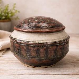 May include: A handcrafted ceramic jar with a lid. The jar features a brown and cream color scheme with a decorative pattern around the base. The lid is a darker brown with a mottled design. The jar is sitting on a wooden surface.