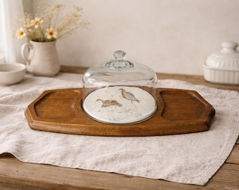 Vintage Oak Wood Butter Dish, Glass Dome Lid, Bird Ceramic Insert, Farmhouse Kitchen Decor