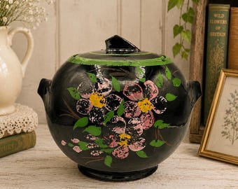 Tarro para galletas vintage pintado a mano con diseño floral negro y tapa / Almacenamiento de cocina estilo granja cottagecore