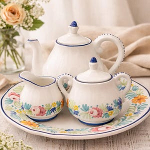 Hand-Painted Italian Ceramic Tea Set – Vintage Floral Cottagecore Serving Set