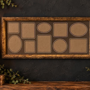 May include: A rectangular multi-opening picture frame with a dark wood finish. The frame features ten varied cutouts including square, rectangular, and oval shapes arranged on a dark brown mat board within a rustic wooden border.